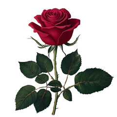 A single red rose with green leaves isolated on a white background, symbolizing love, beauty, and romance on png image