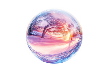 A beautiful reflection of a winter landscape captured in a soap bubble, featuring trees and a sunset.