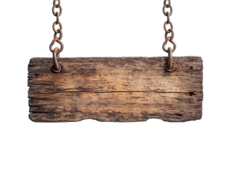 Rustic Weathered Wooden Signboard Hanging on Chains Blank Space for Text Vintage Style