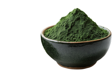 A bowl filled with vibrant green powder, suitable for healthy recipes and wellness products, isolated on a white background.