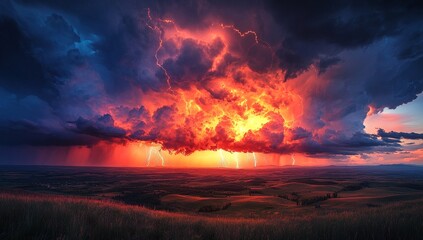 Obraz premium Fiery sunset sky ablaze with lightning strikes over a vast, rolling landscape. A dramatic display of nature's power.
