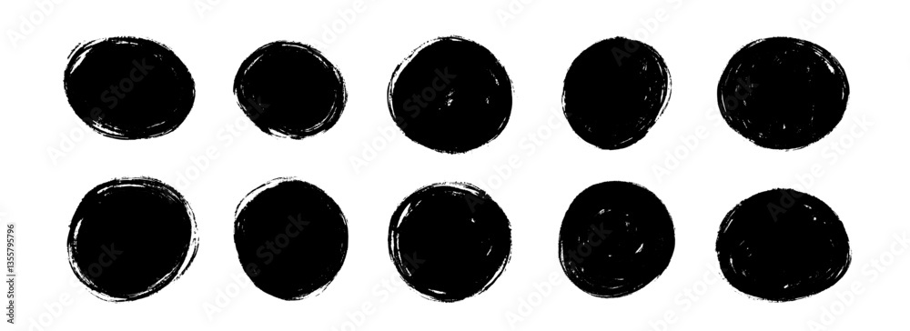 Poster dry paint circle stain set. black grunge ink round frame collection. brush stroke radial element pac
