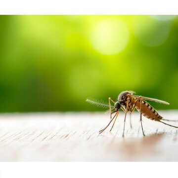 Close-up View of a Mosquito on a Wooden Surface with Nature Background