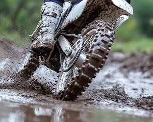 Mud-caked Motocross Rider Navigating a Puddles.