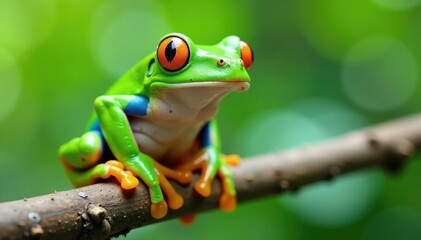 Naklejka premium Green tree frog perched on white, vibrant skin, nature, isolated