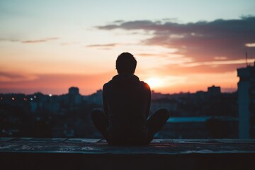 A person sits on a rooftop, watching the sunset fade into night. The cool air feels soft against their skin