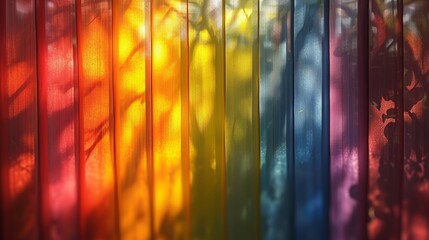 Rainbow of Colors Sunlight Streams through Vibrant Vertical Blinds, Abstract Design Play of Light