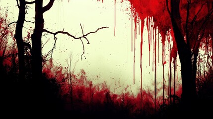 Blood-Soaked Trees: A Dark and Spooky Forest Scene