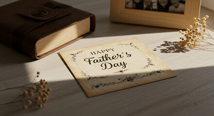 Happy Father's Day Card with Vintage Book and Wooden Frame