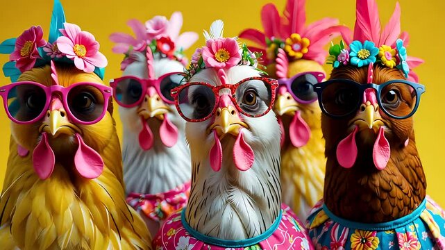 Funny chickens in flower hats and sunglasses posing against bright yellow backdrop