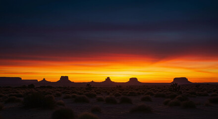 Sunset over monument valley silhouettes landscape view