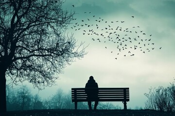 A person sits quietly on a park bench, watching birds fly across the sky. The wind carries away their worries