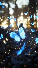 digital technology forest blue glowing butterfly illustration poster background