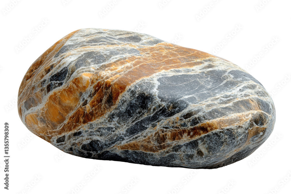 Poster a smooth, colorful stone with unique patterns, isolated on a white background.