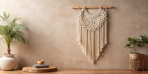 Serene Interior Design Featuring Macrame Wall Hanging and Potted Plants on Wooden Surface
