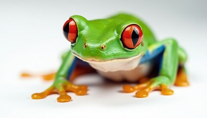 Obraz premium Single red-eyed tree frog on white, striking eyes, isolated frog, white background, white background