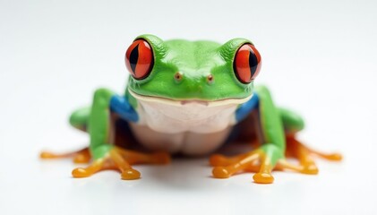 Obraz premium Single red-eyed tree frog on white, striking eyes, jungle, exotic, tropical