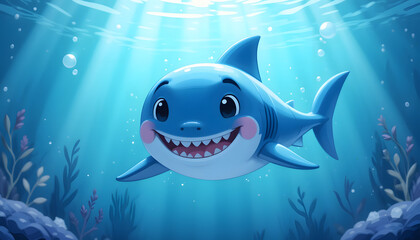 A cheerful cartoon shark with a big smile swimming in a clear blue underwater environment