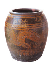 Jar dragon pattern isolated on white background. big earthen jar clipping path isolated object. traditional Thai vintage jar clipart for isolated , clipping path , clipart element