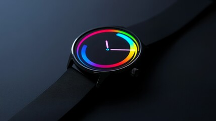 Sleek wristwatch with a vibrant, rainbow-colored display.