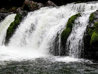 Cascading Waterfall Surrounded by Lush Greenery Nature Landscape Tranquil Environment Close-up View Serenity Concept