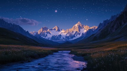 Stars above mountains, river in a serene valley