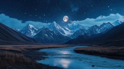 Majestic mountains under moonlight, river in the valley
