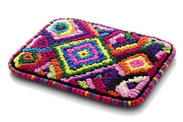 Colorful embroidered pillow, geometric design, studio shot. Suitable for home decor