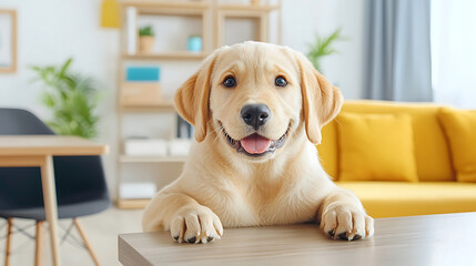 cheerful puppy with bright expression sits on table in cozy living room, surrounded by modern decor and plants