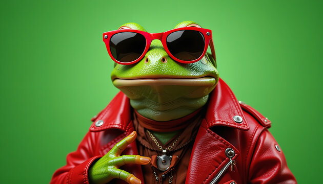 A cool frog wearing red sunglasses and a red leather jacket on a green background portrait style