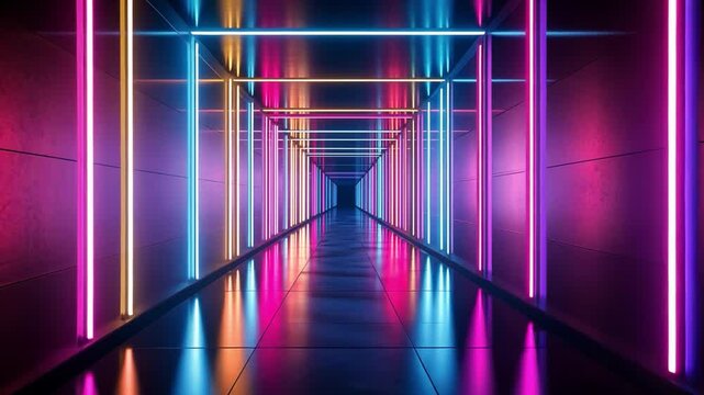 Neon Corridor: An endlessly extending corridor bathed in vibrant neon lights, creating a futuristic and immersive visual experience. 