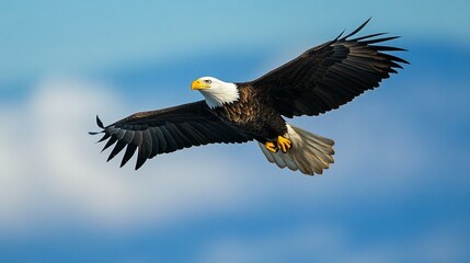 Obraz premium An eagle with white head and large wings soars in flight