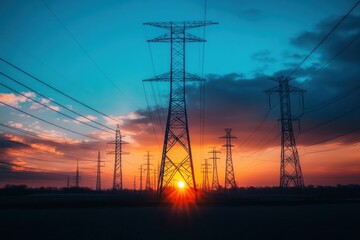 Fototapeta premium A cinematic view of power lines stretching into the horizon, pulsating with blue-green electricity, with a dramatic sunset sky in the background.