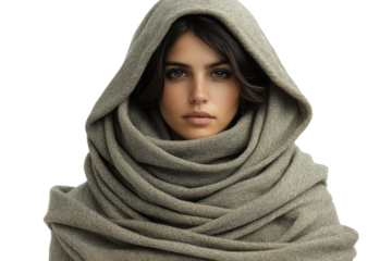 A woman wearing a large, soft scarf, exuding warmth and mystery against a white background.
