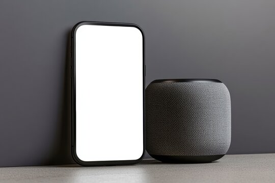 Modern Smartphone and Smart Speaker on Grey Background Minimalist Technology Setup for Home Office or Studio
