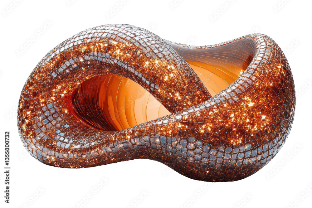 Poster abstract sculpture with a shimmering mosaic surface and flowing shapes, set against a white backgrou