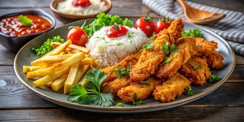 A Delicious Plate of Crispy Fried Fish Fingers Served with Fluffy White Rice, Golden French Fries, and a Side of Zesty Tomato Sauce, Garnished with Fresh Parsley and Cherry Tomatoes