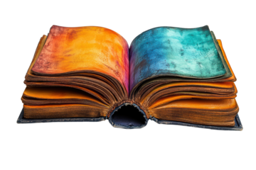 An open book with colorful pages and a vibrant texture, set against a white isolated background.