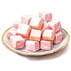 A Delightful Pile of Pink and White Turkish Delights on a Plate. A tempting image perfect for food blogs, cookbooks, or dessert-themed projects.