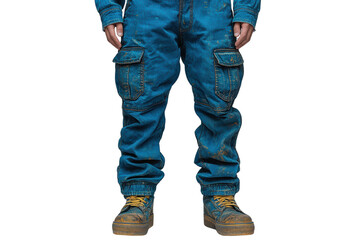 Blue cargo pants with pockets, worn with durable work boots for casual outdoor activities.