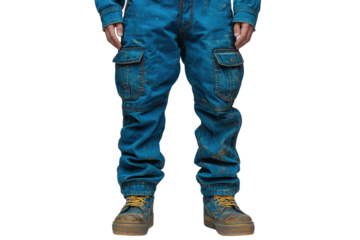 Blue cargo pants with pockets, worn with durable work boots for casual outdoor activities.