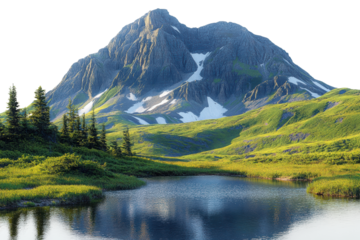 Breathtaking mountain scenery with lush greenery and a tranquil lake reflecting the natural beauty.