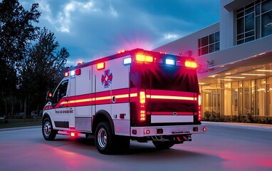 Ambulance at Night with Hospital Background.