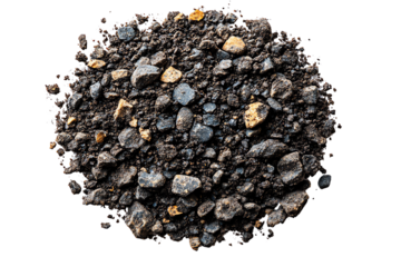 A pile of dark gravel with various sized stones on a white isolated background.