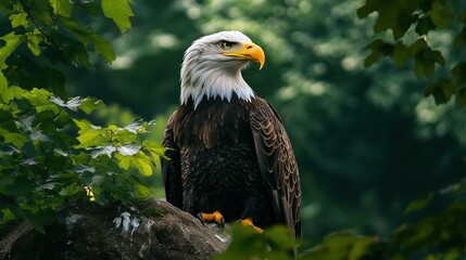 A majestic eagle perched on a rock in a forest setting