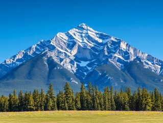 Majestic Snow-Capped Mountain Peak Surrounded by Lush Forest Nature Landscape Vibrant Environment Scenic View