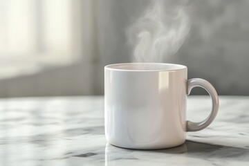 Fototapeta premium Aromatic Steam Rising from a White Mug on Marble Tabletop A Cozy Morning Coffee Scene