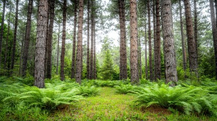 Majestic Pine Forest  Lush Ferns  Tranquil Nature Scene