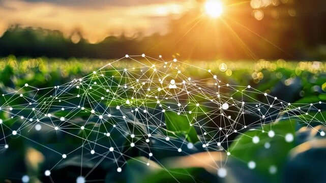 Sunlit agricultural field with a digital data overlay showcasing growth.