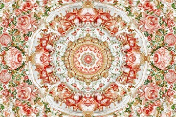 Ornate floral mandala, symmetrical design, decorative ceiling, interior design, possible use in wallpaper or fabric